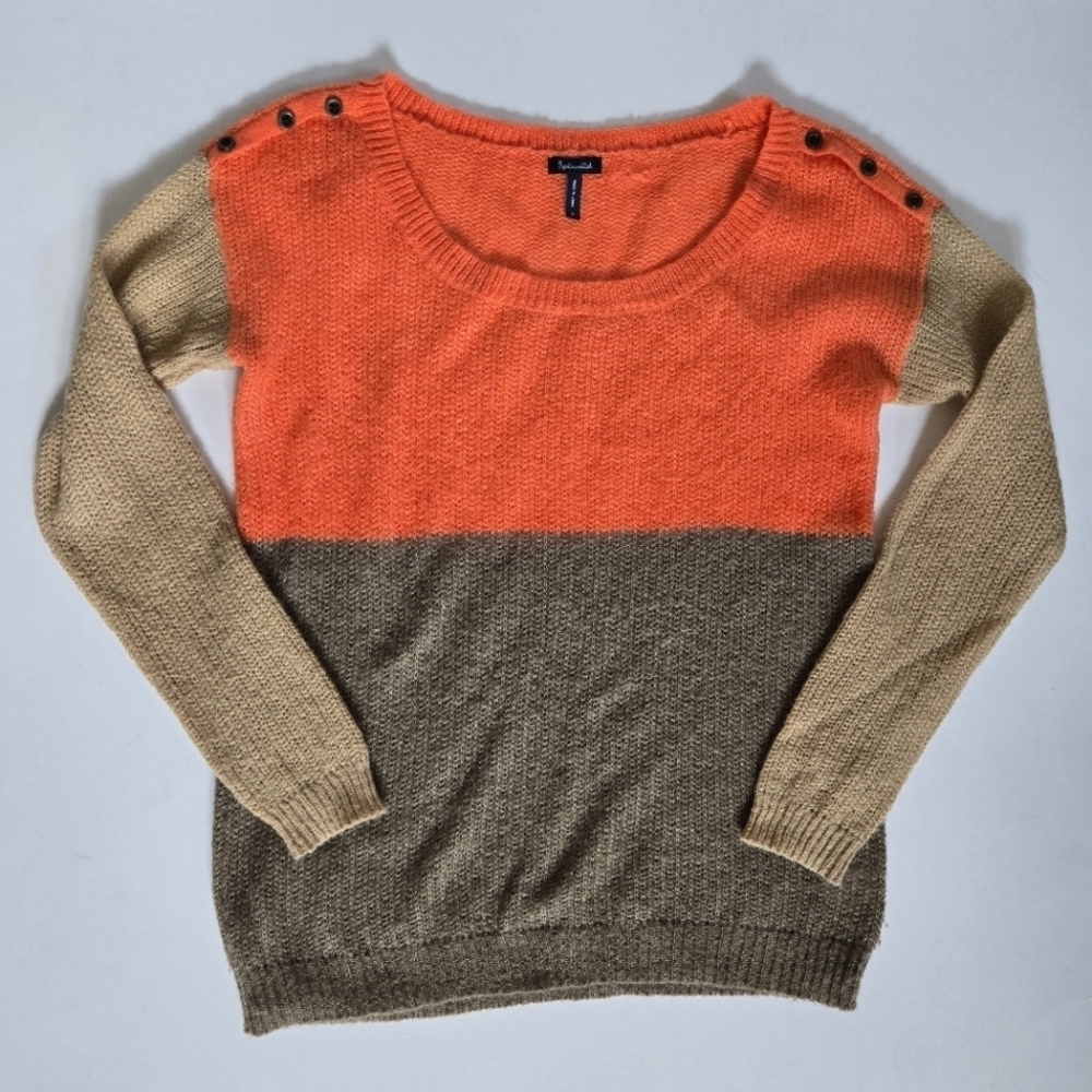 Splendid Mohair Wool Blend Colorblock Knit Sweater Button Detail orange beige M